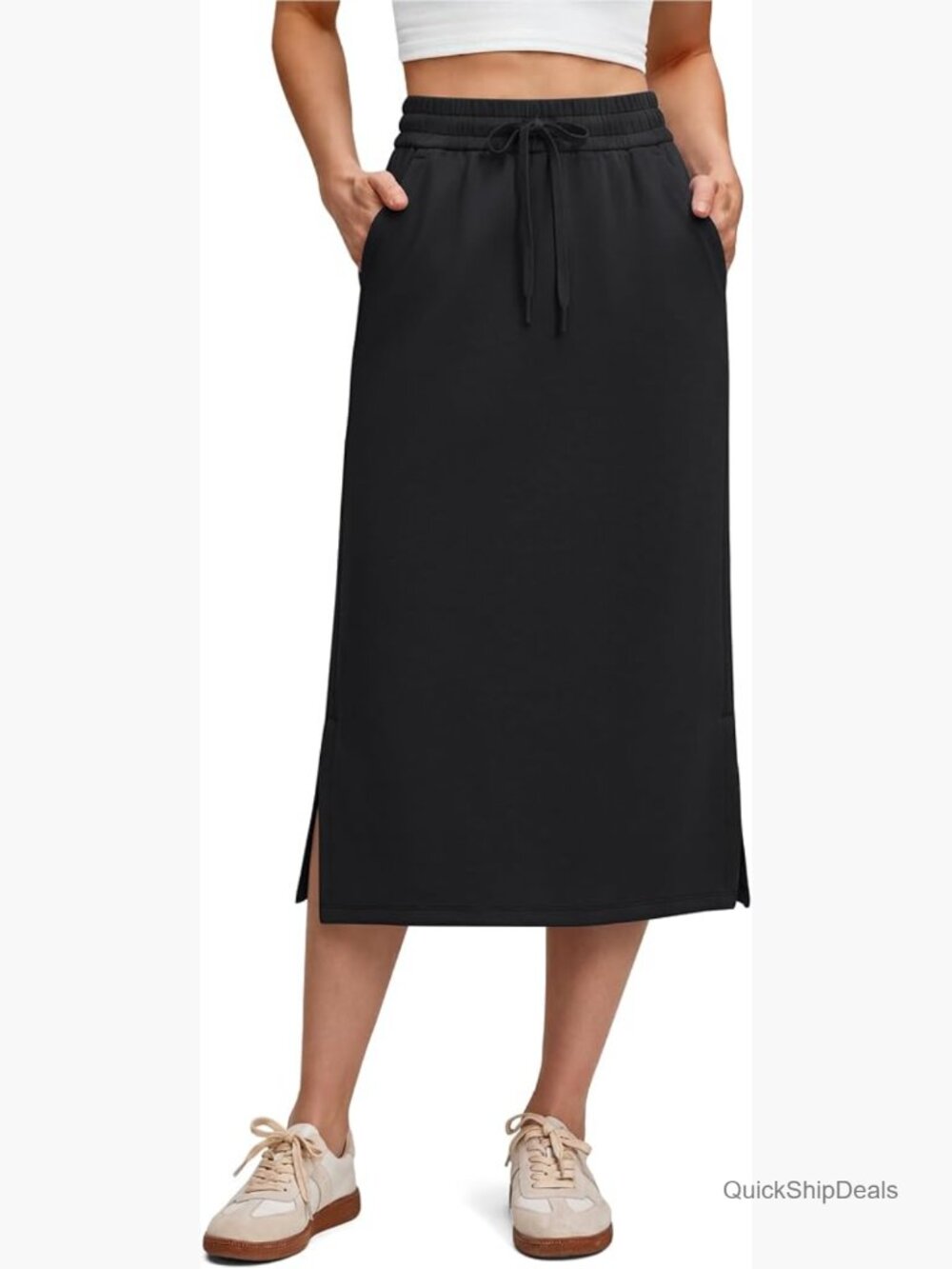 Modal Soft Maxi Skirt with Pockets Side Slits Drawstring Casual Lounge